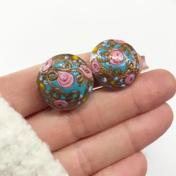 VTG Itlay Venetian Murano Fiorato Lampwork Wedding Cake Button Clip On Earrings - Picture 6 of 12